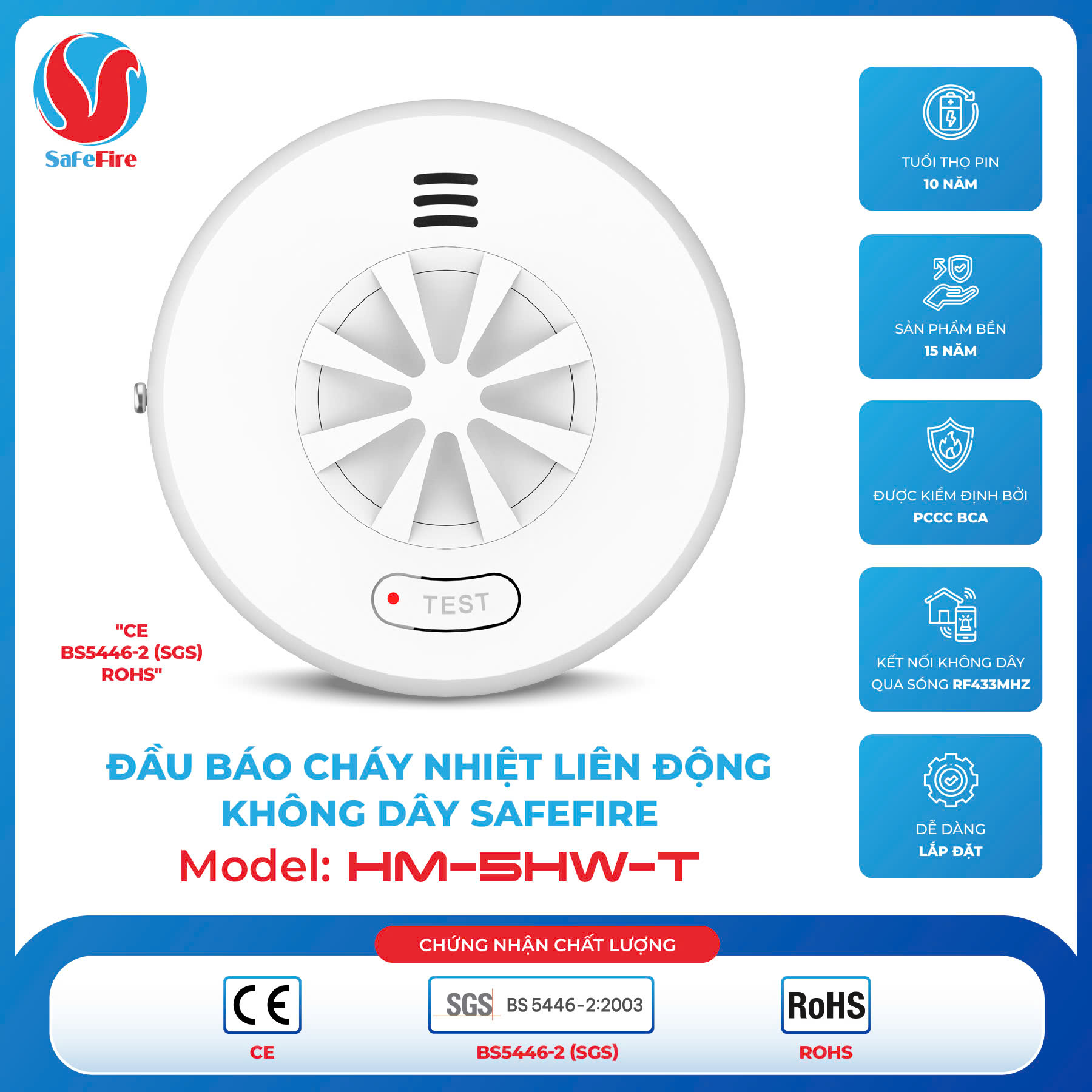 Đầu báo nhiệt liên động không dây Safefire